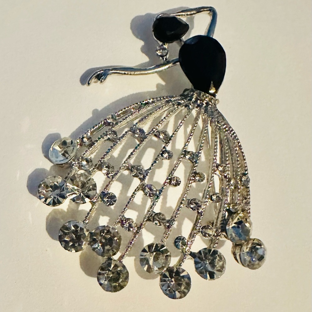 Elegant SilverTone  and Black Rhinestone Ballerina Brooch